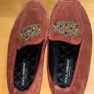 Dolce & Gabbana Men's Brown Suede Loafers with Gold and Red Accents